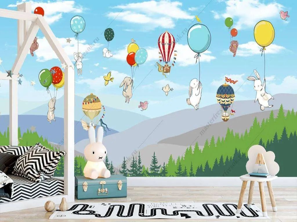 Фотообои в интерьере шарики над лесом  12-949 фото