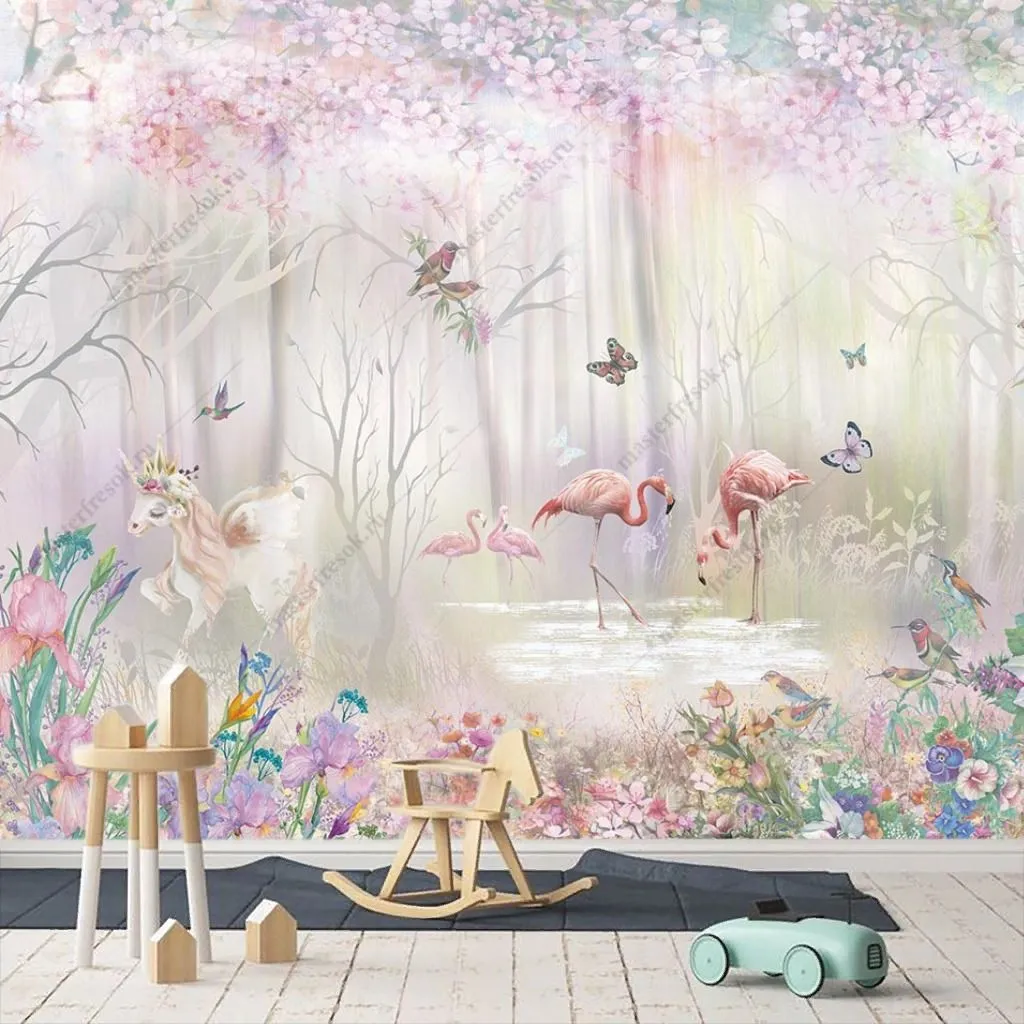 Фотообои в интерьере сказочный розовый лес  14-686 фото