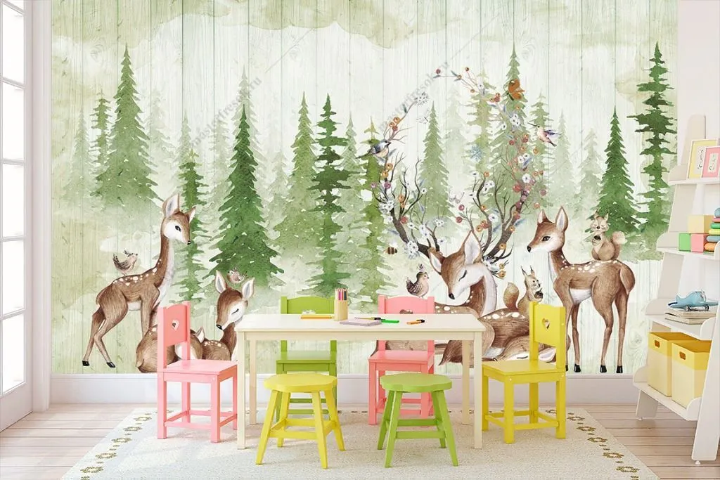 Фотообои Оленята на фоне зеленого леса  14-229