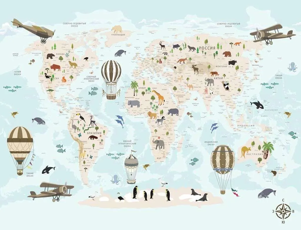 Фотообои в интерьере карта мира в нежно голубом цвете  12-1188 фото