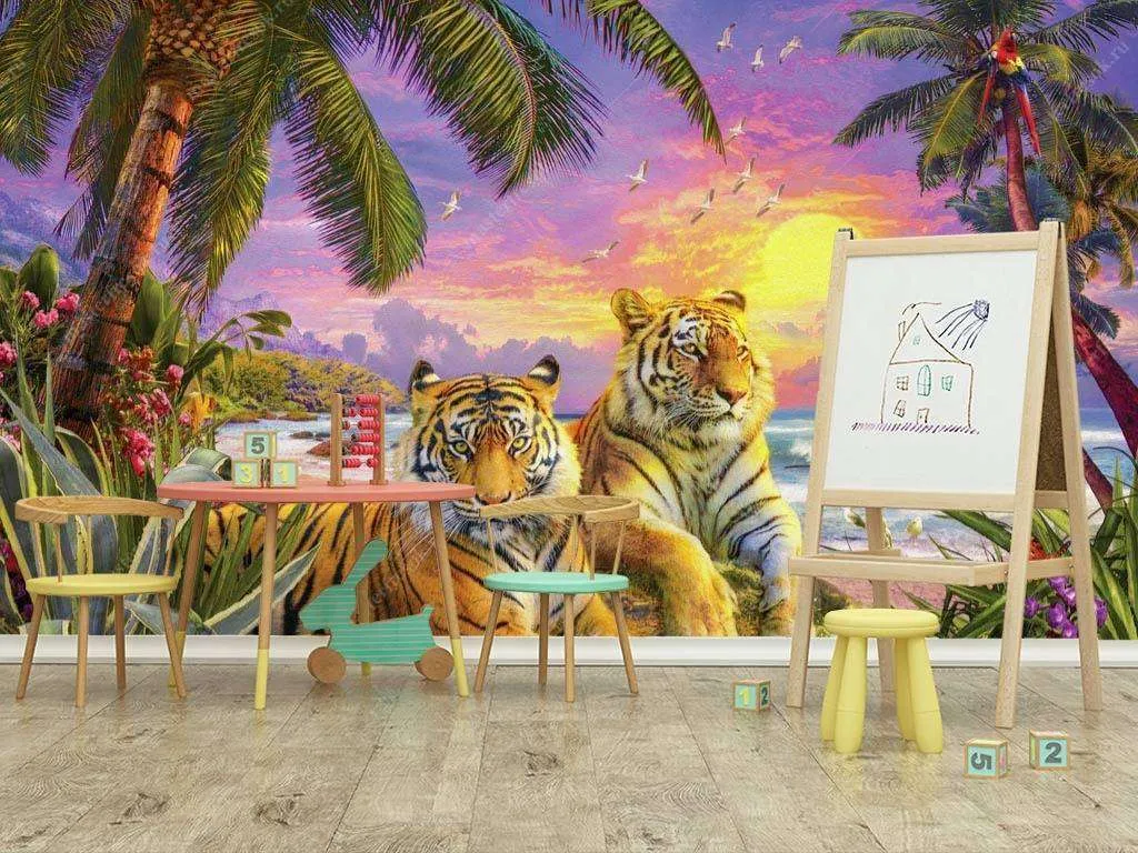 Фотообои в интерьере тигры на закате  8-317 фото