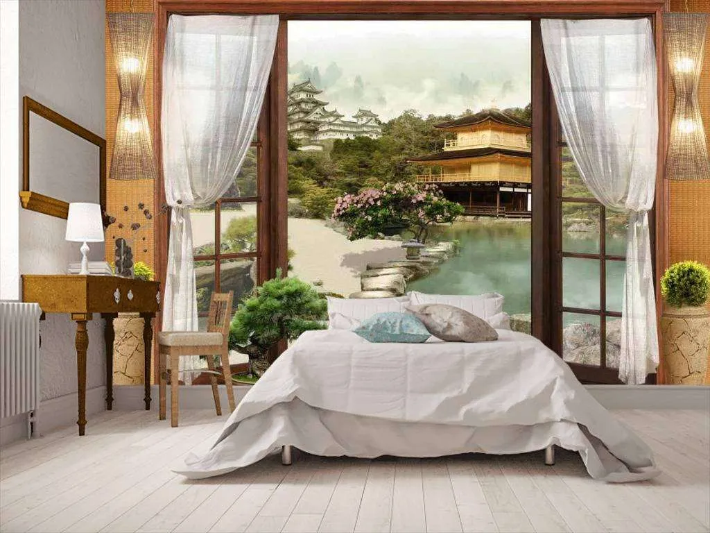 Фотообои в интерьере японский сад за окном  17-0024 фото