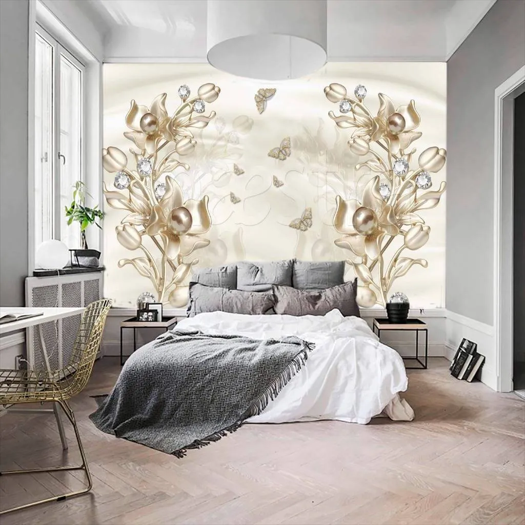 Фотообои 3д объемные цветы с бусинами  10-512