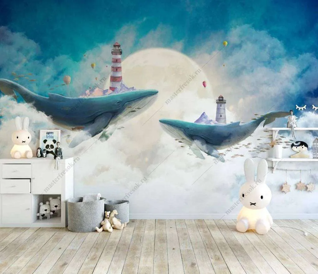 Фотообои в интерьере маяк и кит  16-022 фото