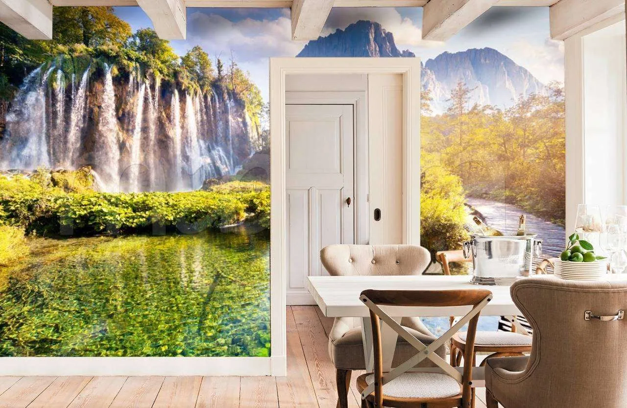 Фотообои в интерьере водопад солнечный  9-863 фото
