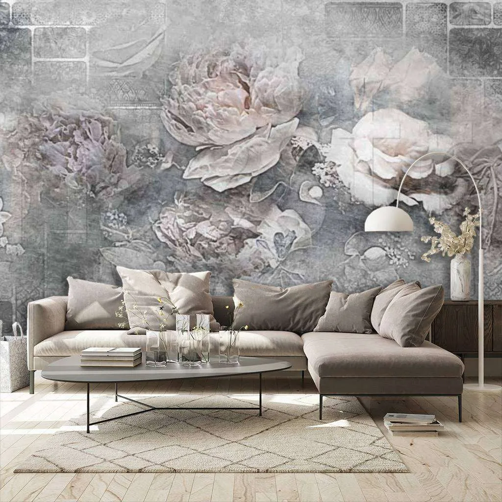 Фотообои в интерьере цветы 3д на сером фоне  7-765 фото