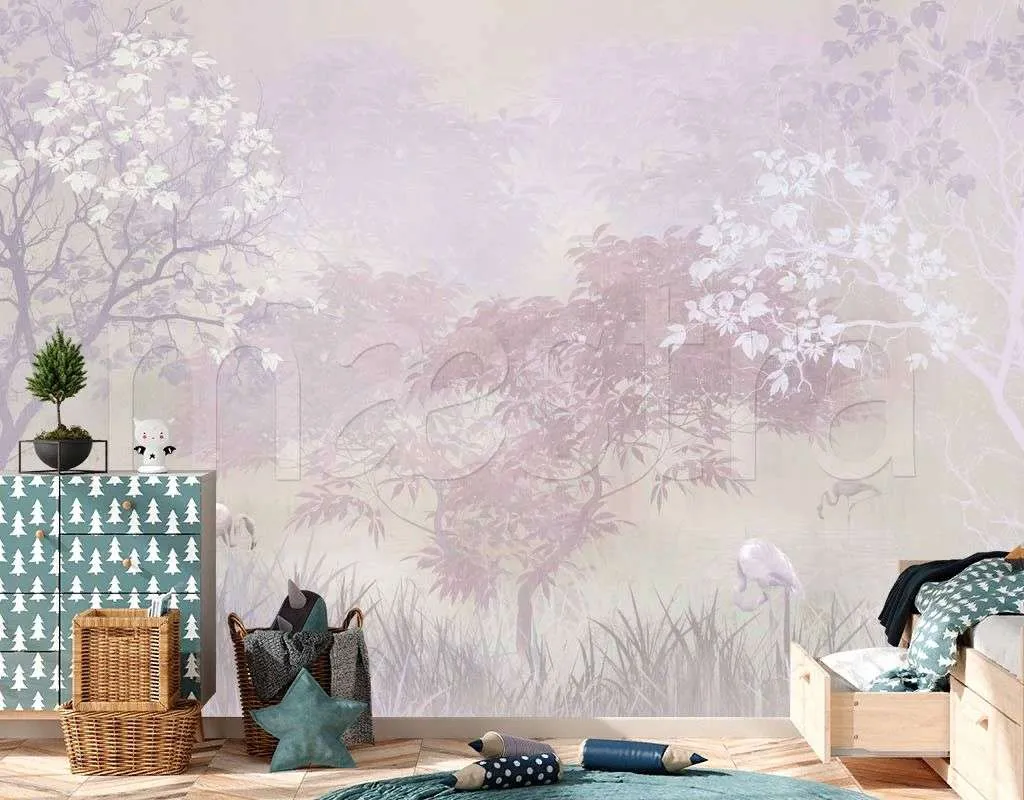 Фотообои в интерьере розовый лес и фламинго  7-677 фото