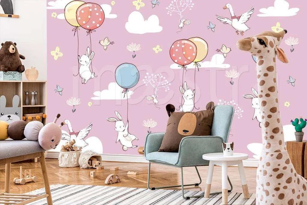 Фотообои в интерьере птицы и кролики в облаках на воздушных шарах  12-402 фото
