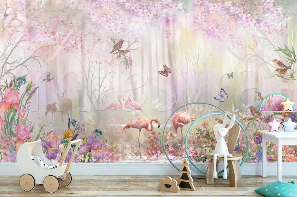 Фотообои в интерьере розовый фламинго в утреннем лесу  7-363 фото