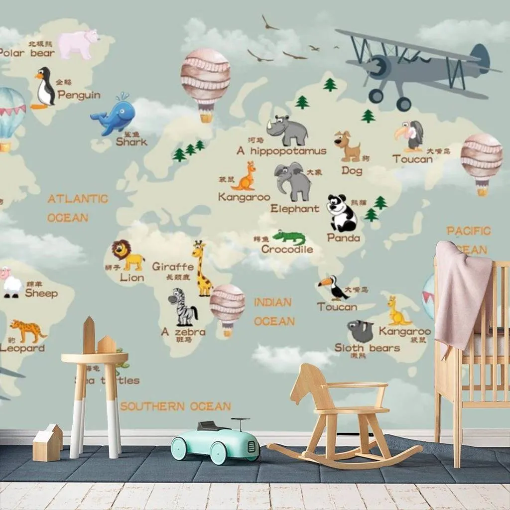 Фотообои Карта мира с животными и самолетами  15-315