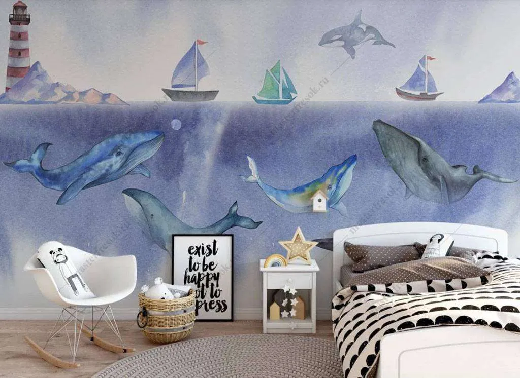 Фотообои в интерьере подводный мир китов  16-034 фото