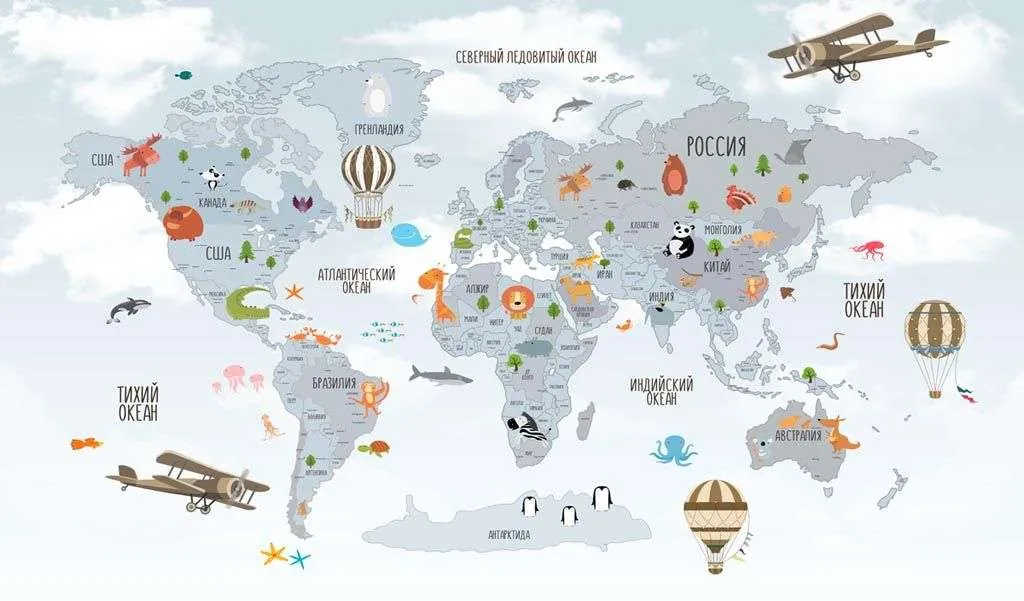 Фотообои в интерьере карта мира детская с самолетами  12-968 фото