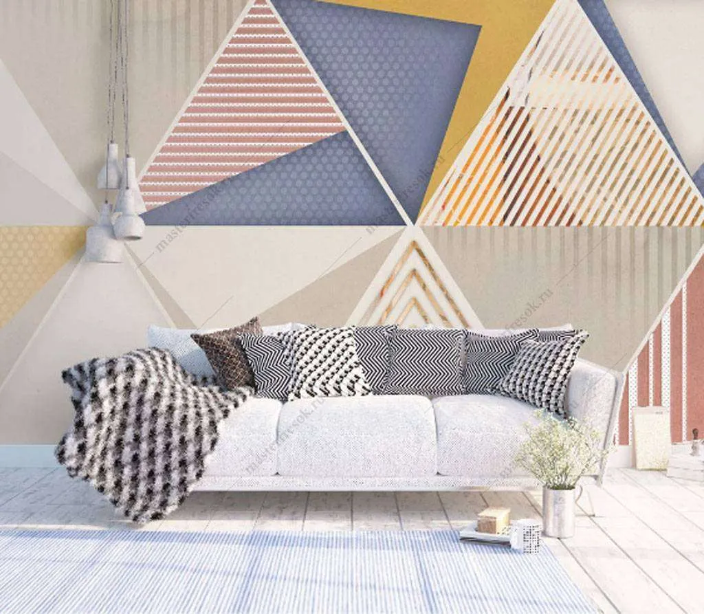 Фотообои в интерьере разноцветные треугольники  15-811 фото