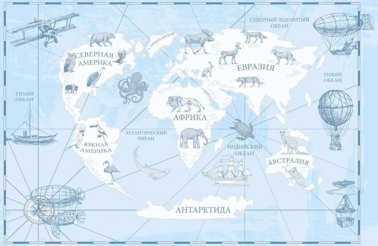 Фотообои в интерьере карта мира на русском с самолетом  12-505 фото