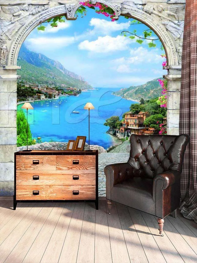 Фотообои в интерьере арка с видом на город у моря  11-061 фото