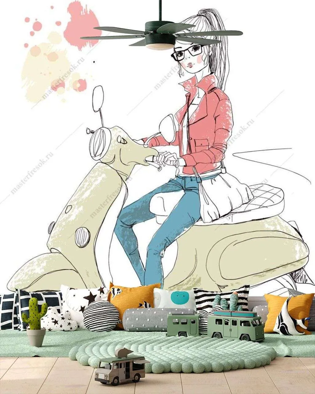 Фотообои в интерьере девушка на скутере  12-1245 фото