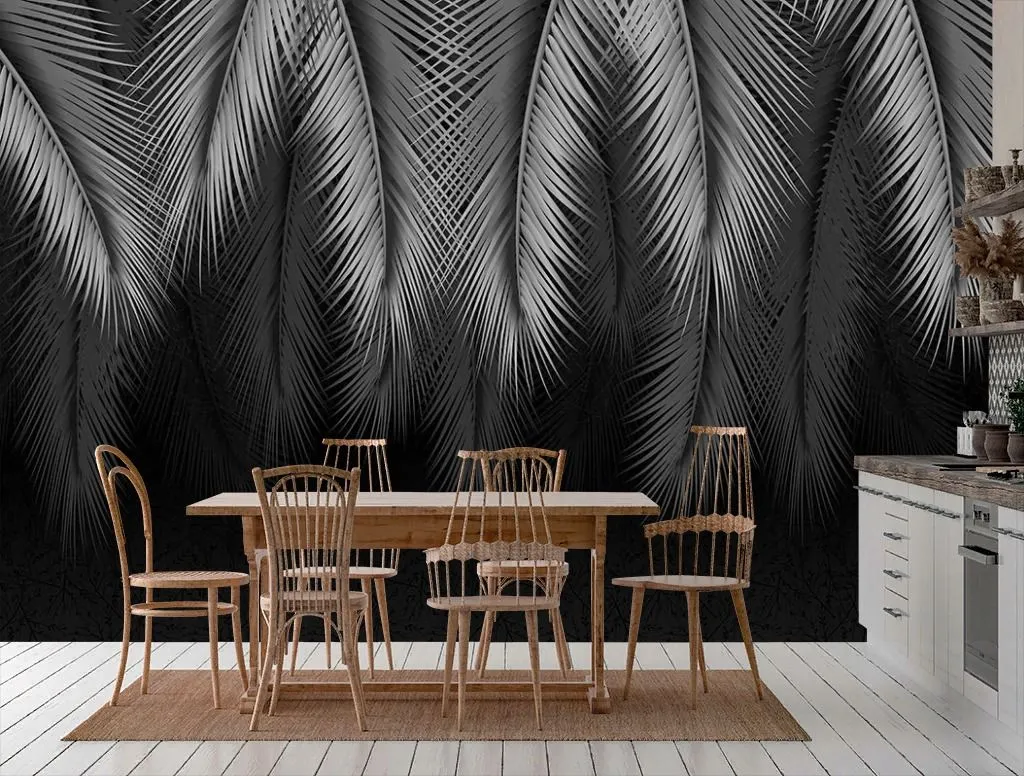 Фотообои в интерьере листья свисающие на черном фоне  9-1749 фото