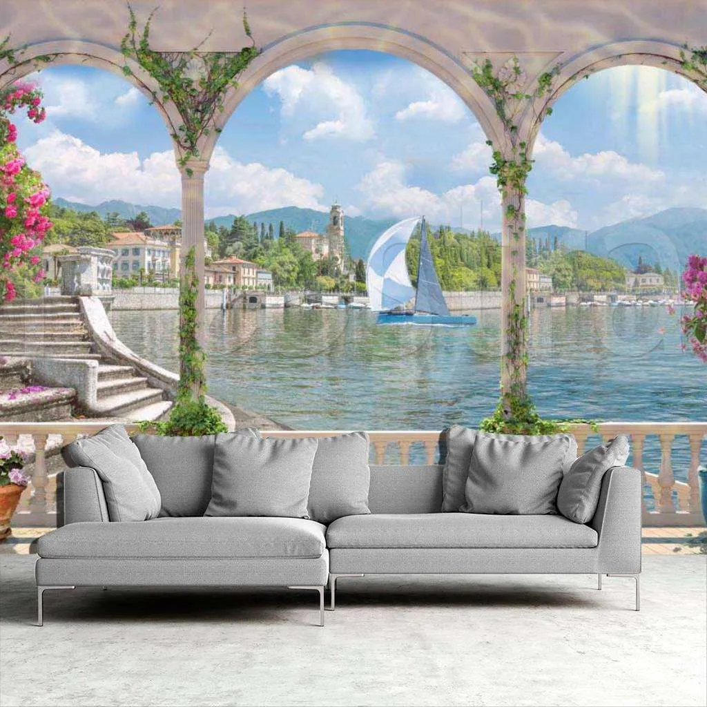 Фотообои в интерьере вид через арки на море  6-029 фото