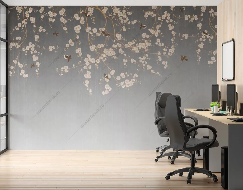 Фотообои в интерьере веточка сакуры и птицы  9-1481 фото