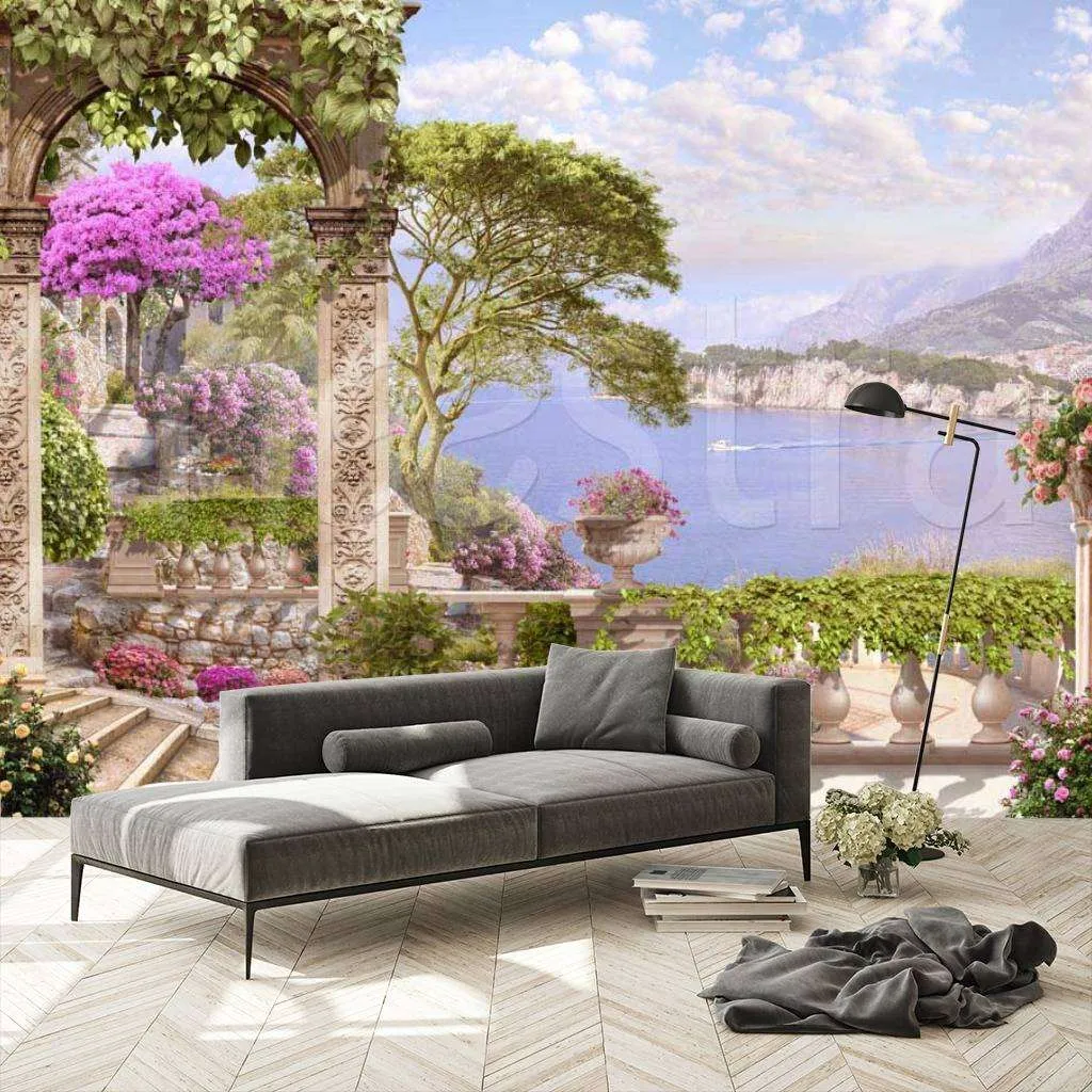 Фотообои в интерьере вид с цветочного балкона через арку на море  7-248 фото