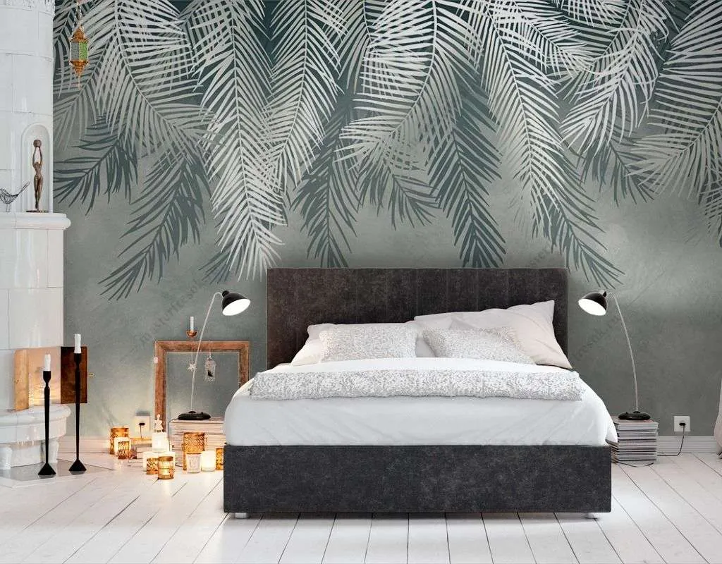 Фотообои в интерьере листья серые  9-1462 фото