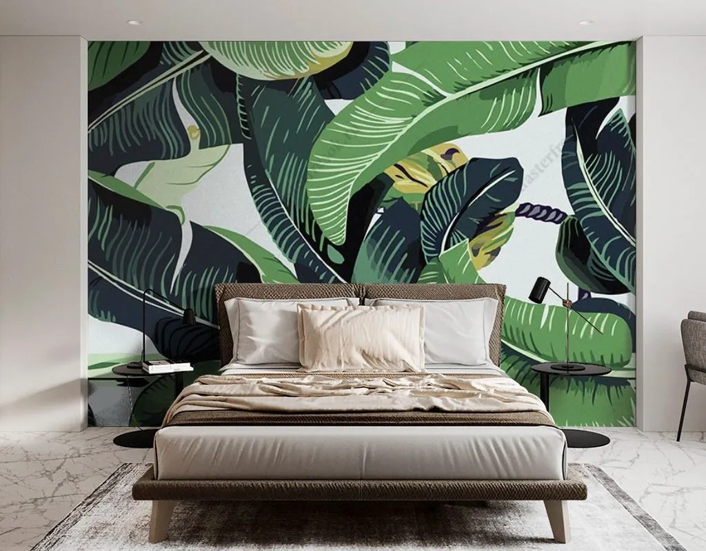 Фотообои в интерьере принт банановые листья  14-483 фото