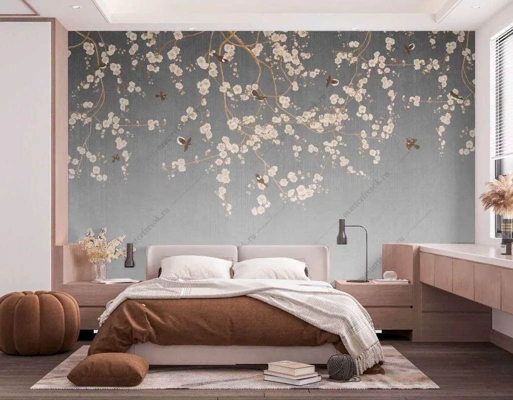 Фотообои в интерьере веточка сакуры и птицы  9-1481 фото