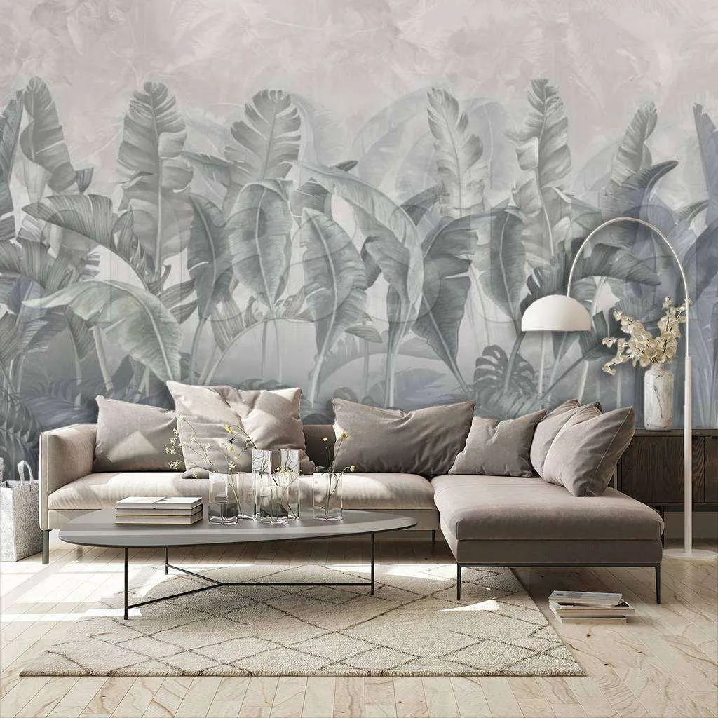 Фотообои в интерьере листья в серых тонах  7-872 фото