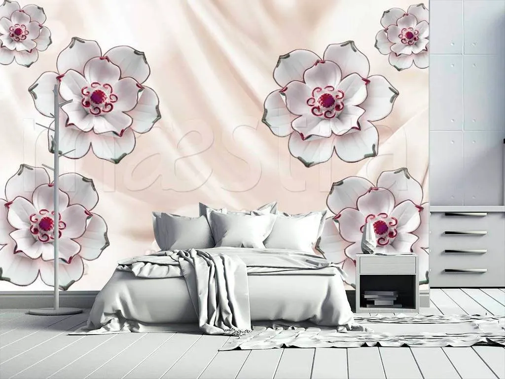 Фотообои в интерьере стереоскопические 3д цветы на ткани белые керамические  10-458 фото
