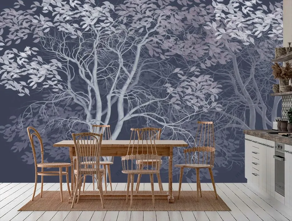 Фотообои в интерьере деревья с листьями на темном фоне  13-360 фото