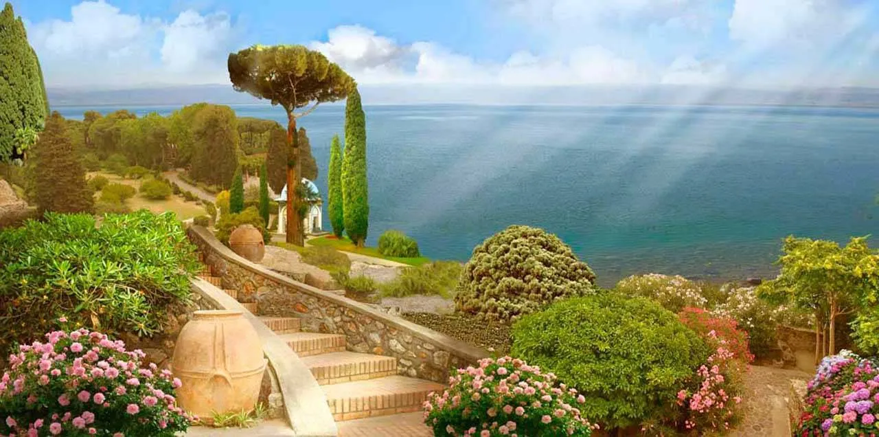 Фотообои в интерьере набережная в горах  2-023 фото