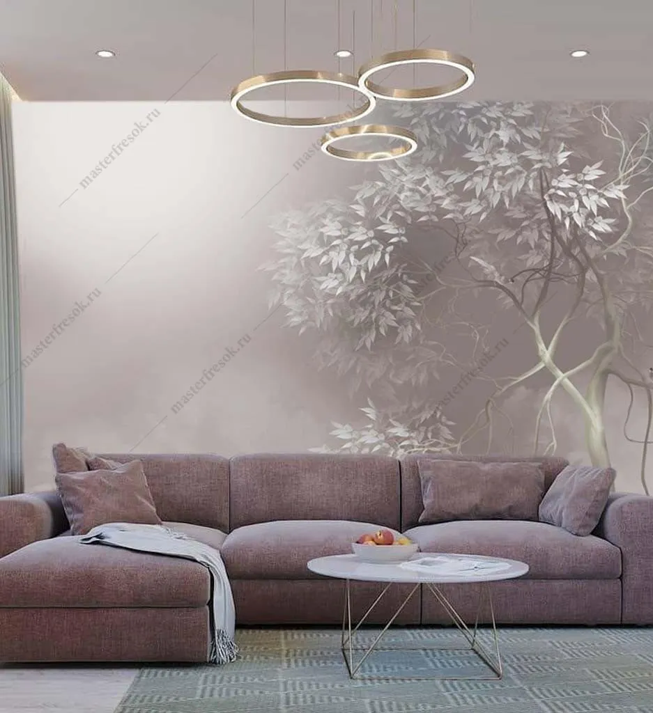 Фотообои в интерьере дерево в серебрянном тумане  13-441 фото