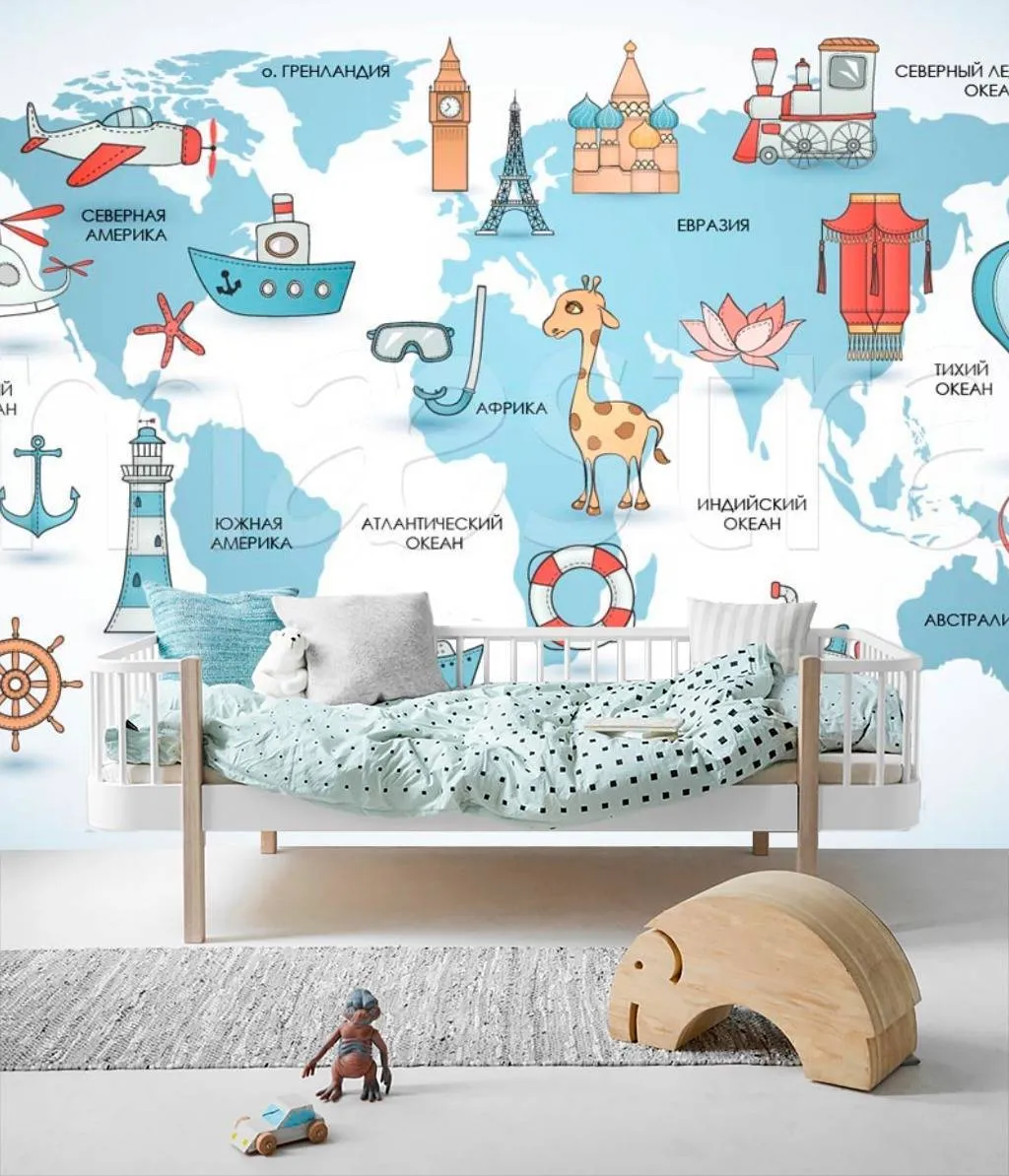 Фотообои Детская карта на голубом фоне со странами  12-391