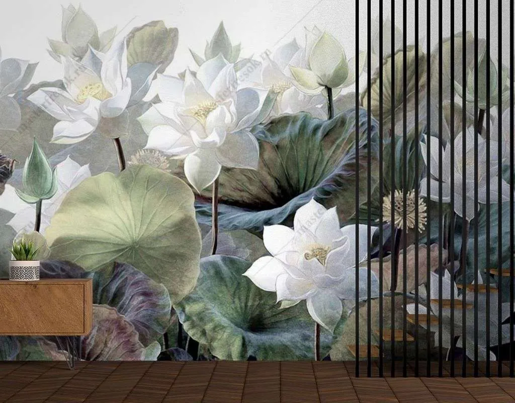 Фотообои в интерьере лотосы на белом фоне  9-1637 фото
