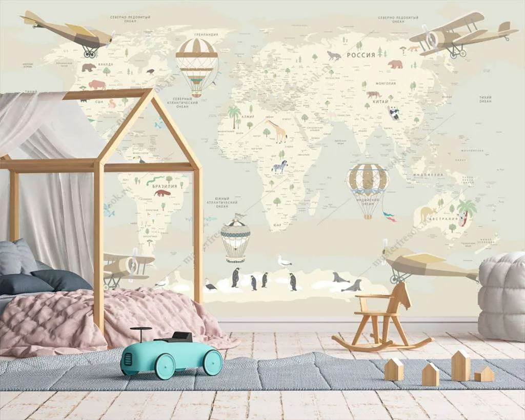 Фотообои в интерьере карта детская светлая  12-976 фото