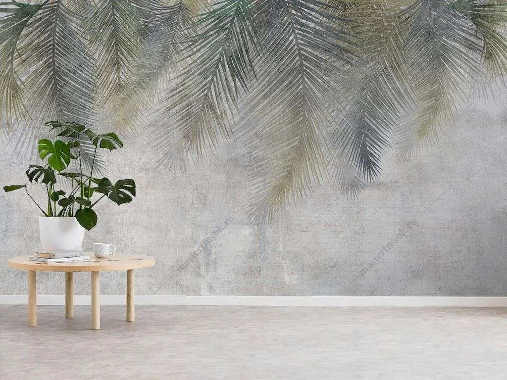 Фотообои в интерьере листья свисающие серо-зеленые  9-1866 фото
