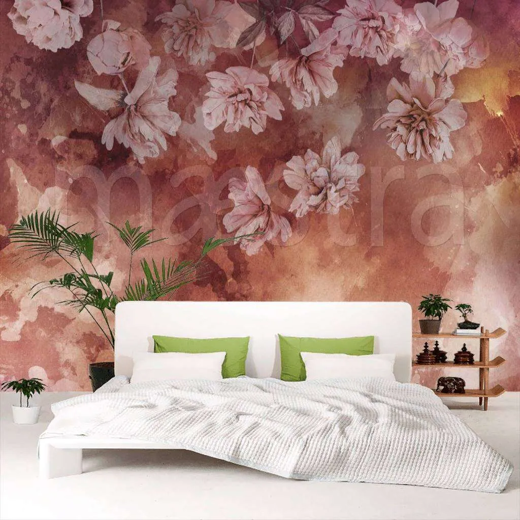 Фотообои в интерьере цветы 3 д в красном тумане  7-794 фото