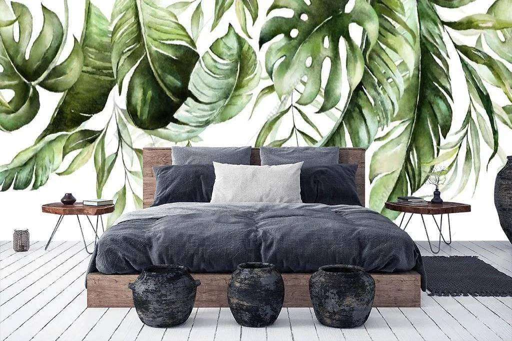 Фотообои в интерьере тропические листья на белом фоне  9-1214 фото