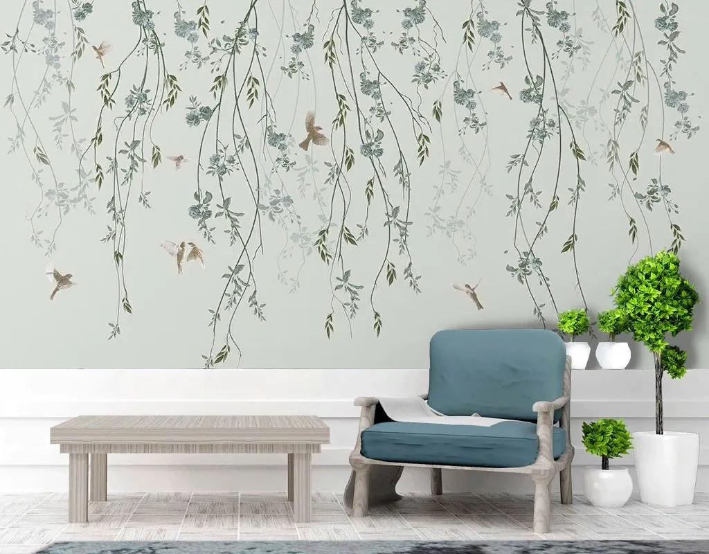 Фотообои в интерьере ветви тонкие с птицами   14-757 фото