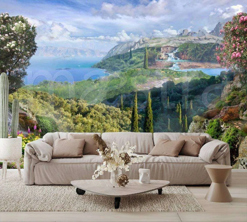 Фотообои в интерьере горный пейзаж с морем  7-085 фото