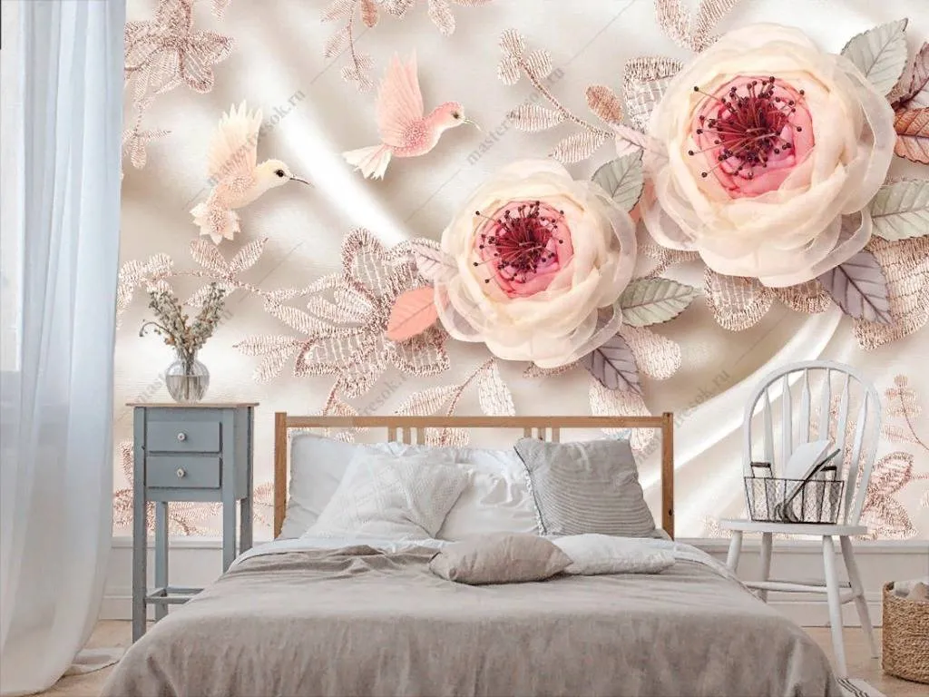 Фотообои в интерьере 3d розы и птицы  10-847 фото