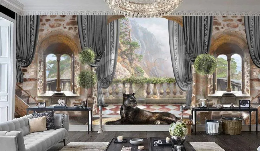 Фотообои в интерьере домик в горах с пантерой  7-298 фото