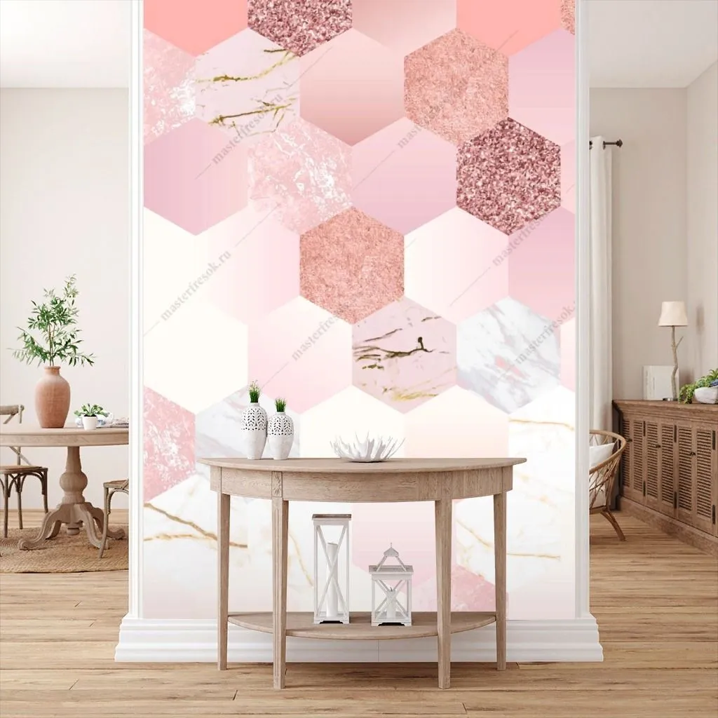 Фотообои в интерьере розовый шестиугольник градиент  9-1502 фото