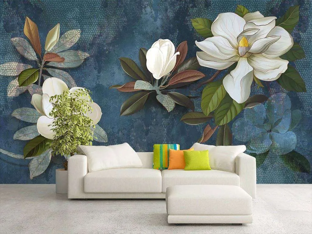 Фотообои в интерьере магнолия на синем фоне  10-870 фото
