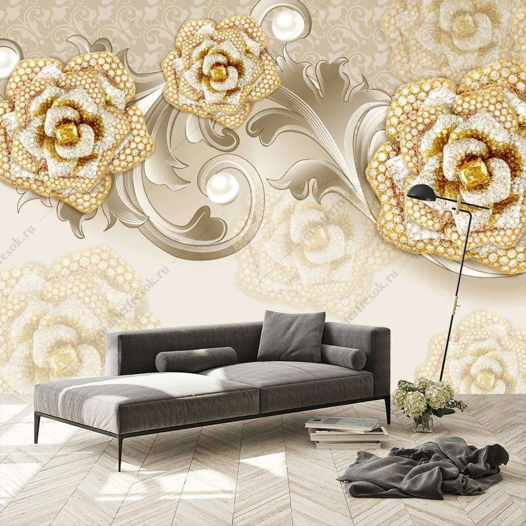 Фотообои Бесшовные обои на стену:  3д золотые розы. Артикул: 10-642  