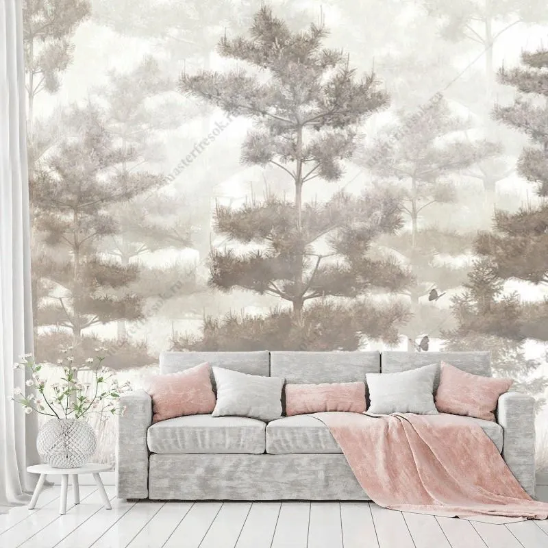 Фотообои в интерьере туманный лес с зайчиками  9-1845 фото