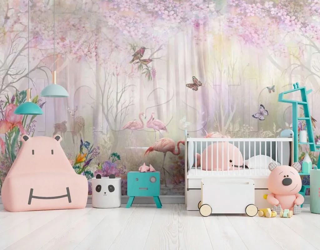 Фотообои в интерьере розовый фламинго в утреннем лесу  7-363 фото