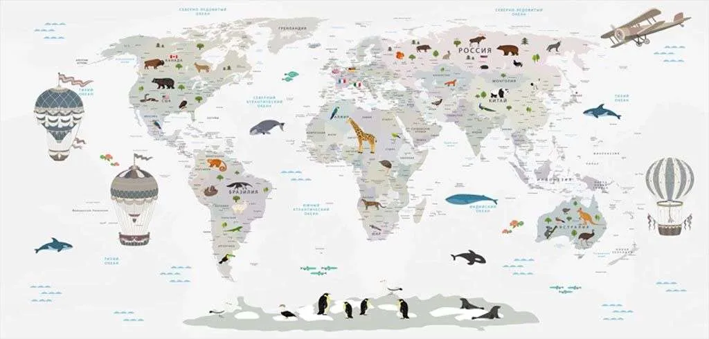 Фотообои в интерьере карта мира на русском большая  12-984 фото