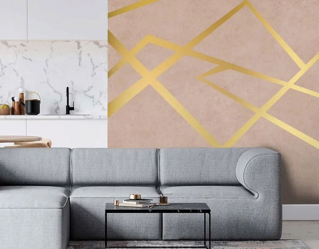 Фотообои в интерьере золотые линии на розовом  9-2058 фото