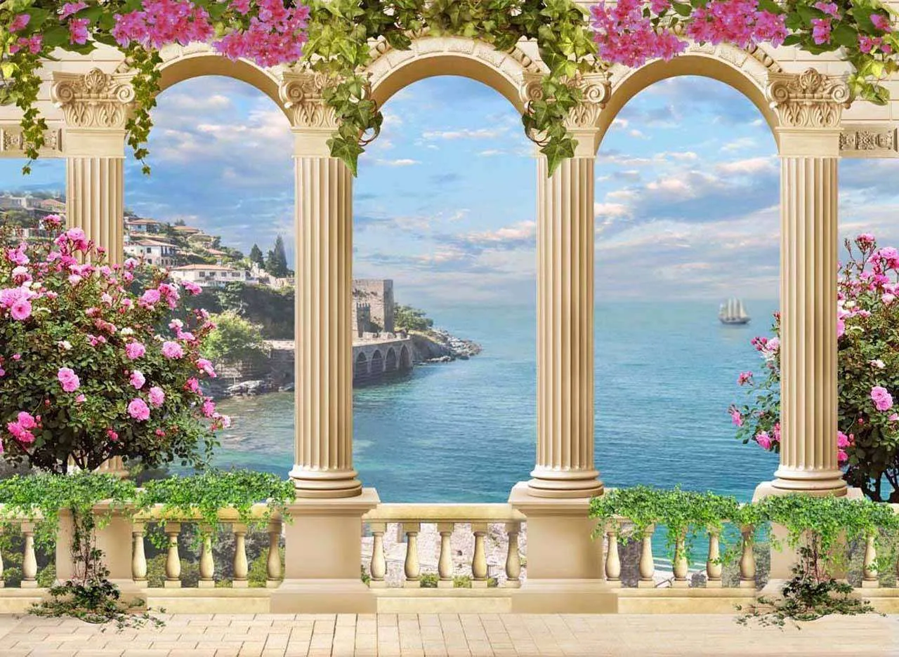 Фотообои в интерьере арки с цветами и балконом  7-095 фото